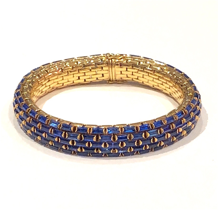 Carlo Luca della Quercia Illario 18K gold “snake” link bracelet set with baguette exotic blue mineral stones throughout, marked, c.1970’s