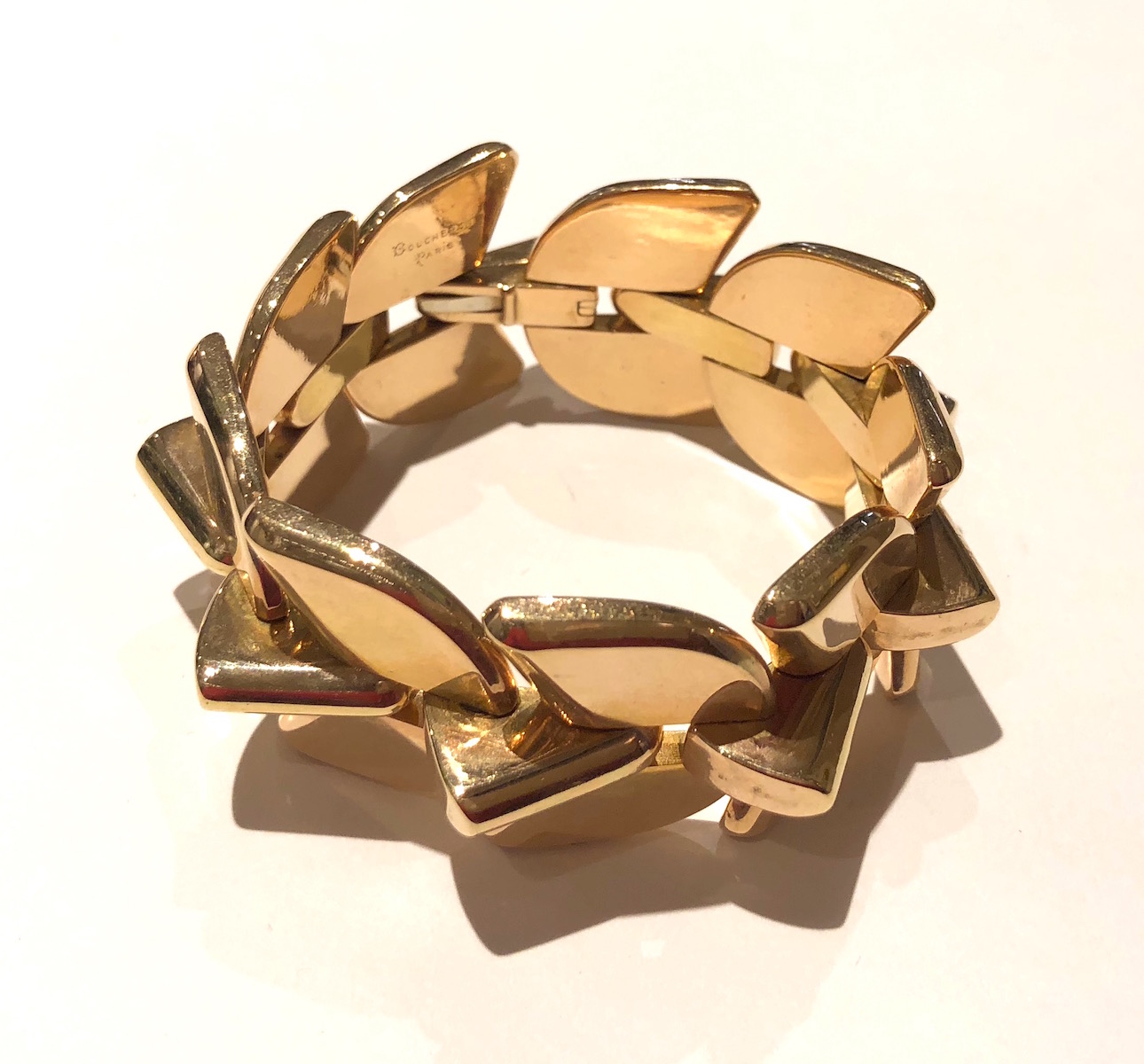 Boucheron, Paris “Palmette” bracelet, 18K pink gold, signed: Boucheron, Paris (script incised block signature), G and L in a triangle for Georges Lenfant (maker), c. 1945
