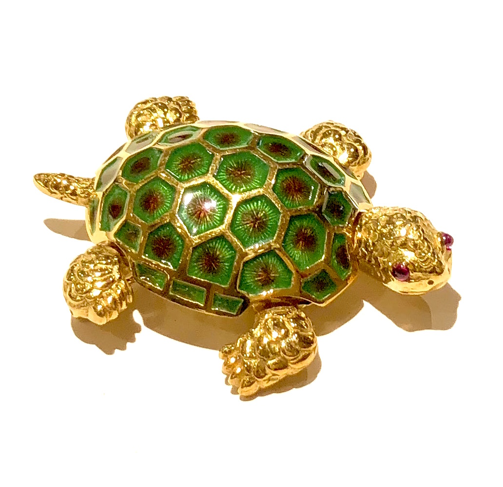 Albert J. Pujol, Creations by Henri, Turtle brooch, 18k gold with green and brown champlevé enamel, two cabochon ruby eyes, c.1980’s