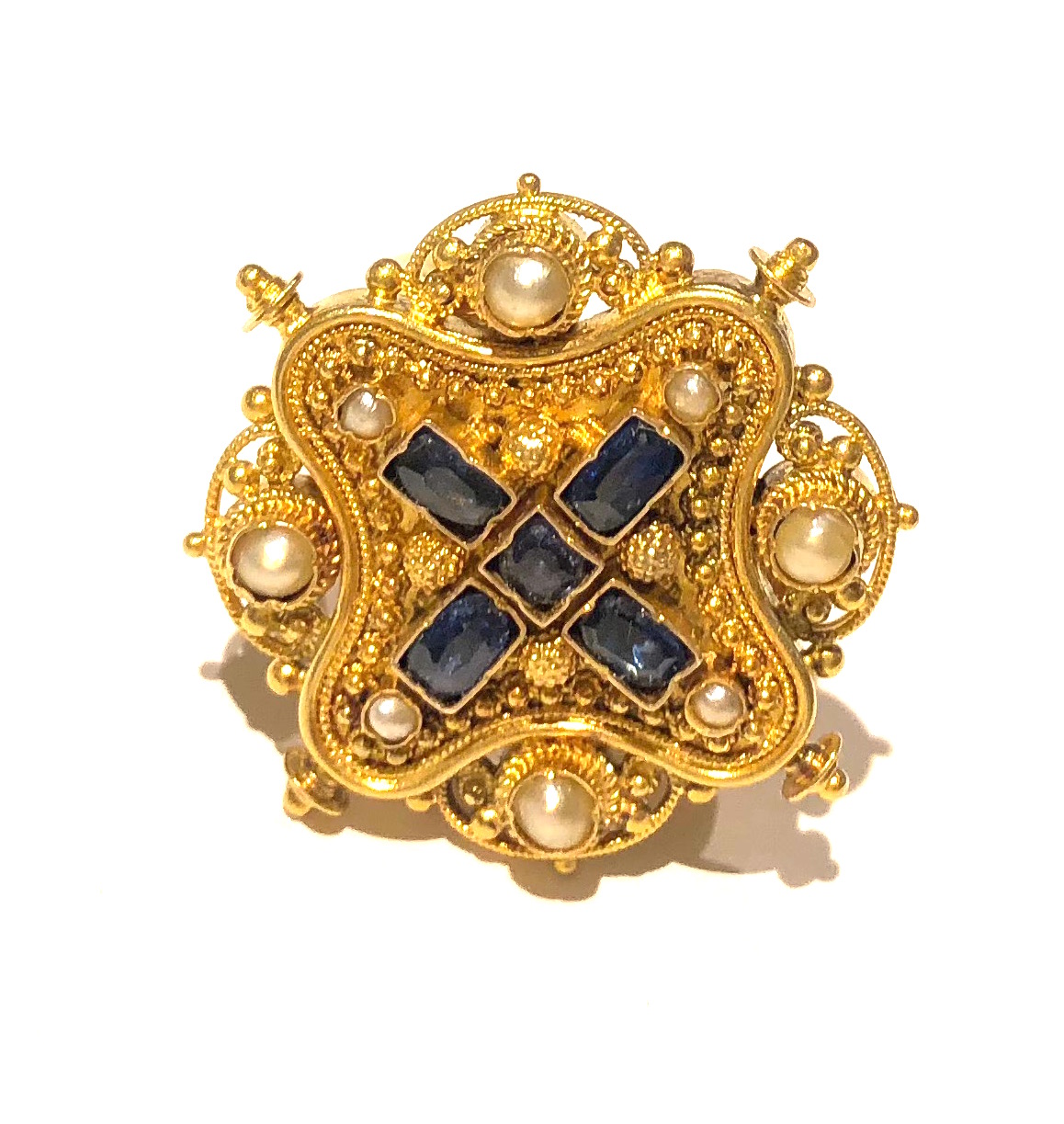 Marchesini, Rome (attr.) Etruscan Revival mid-19th Century elaborate jeweled “Maltese Cross” 18k gold ring set with four rectangular step-cut sapphires and one round-cut sapphire and eight pearls in a highly detailed setting with granulation and twisted gold wire designs, c.1860