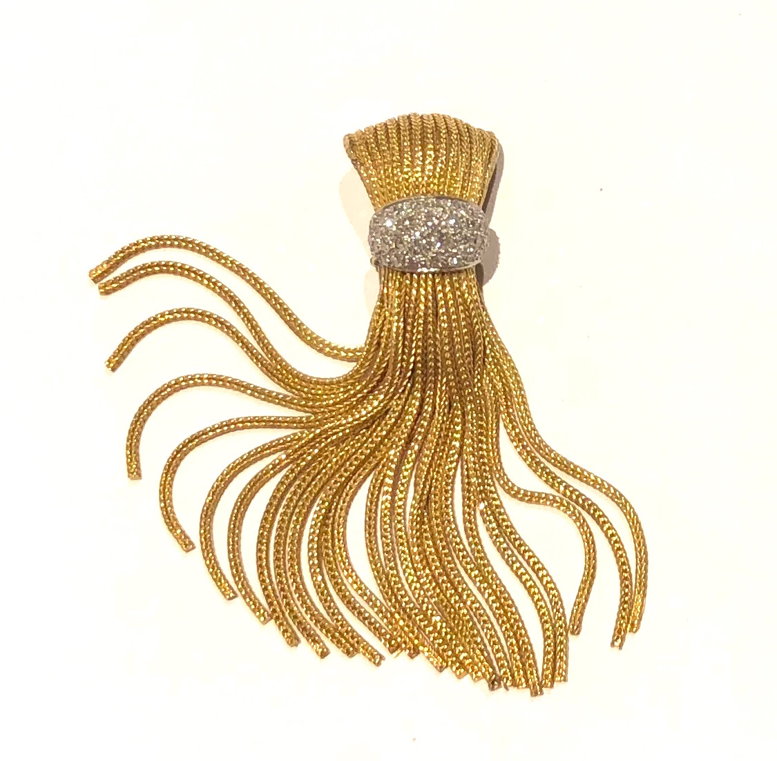American “Tassel” brooch, 18K gold with diamonds (approx. 2 1/2 carats TW) set in platinum, marked and numbered, c. 1940’s