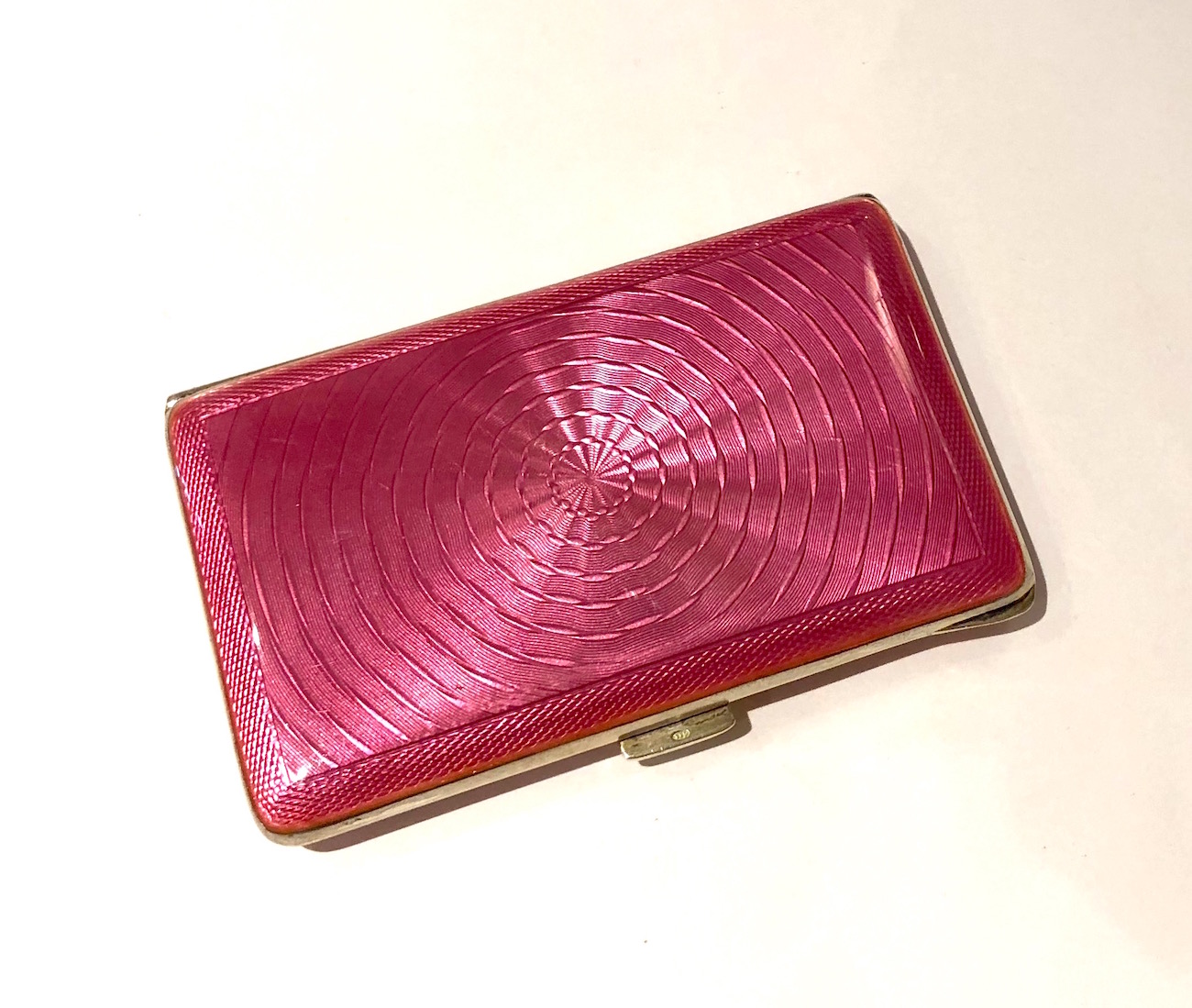 Art Deco Sterling and hot pink Guilloche enamel “Card” case, London import marks for Cohen & Charles, London, 1925