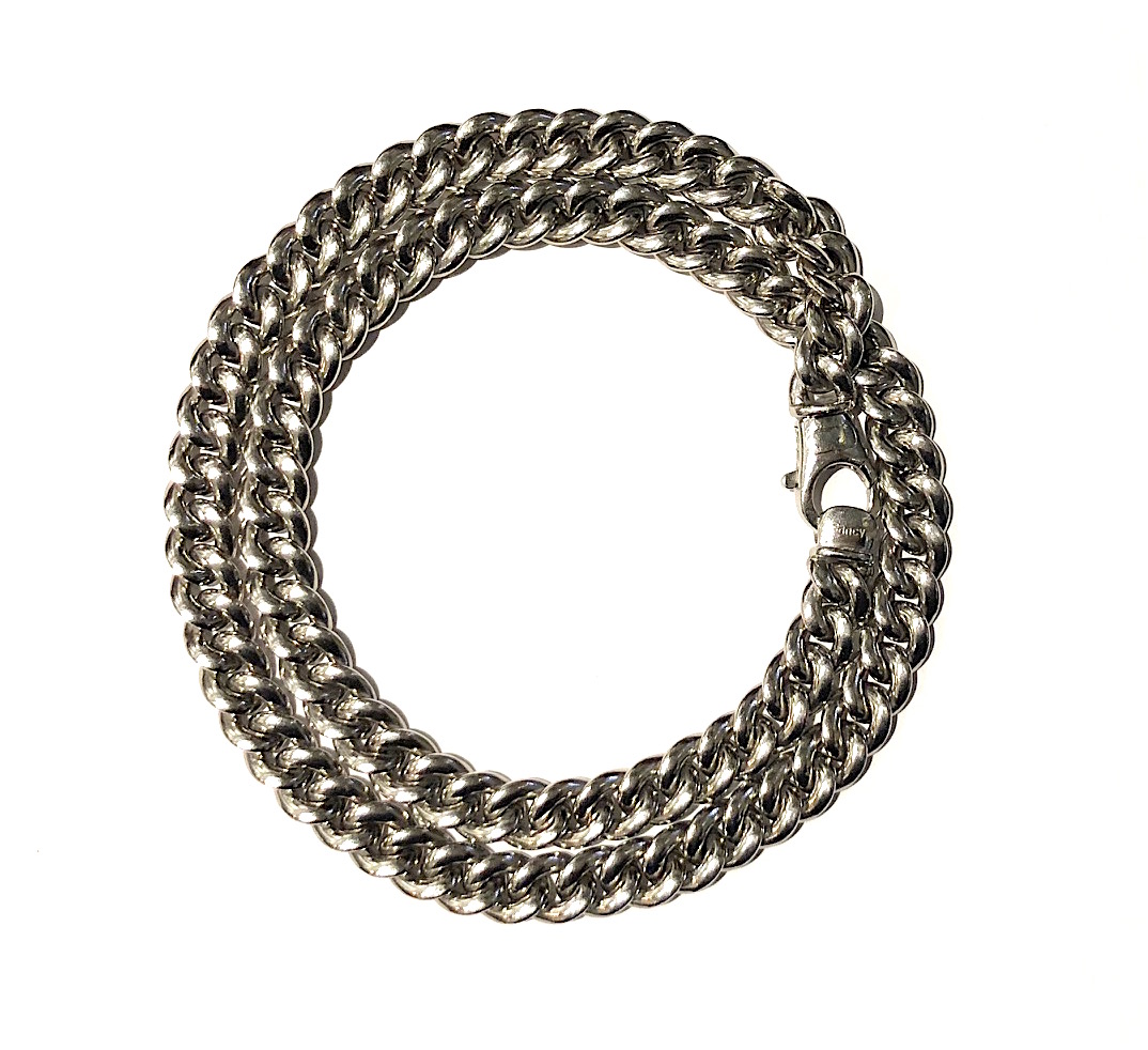 Italian classic “Curb Link” chain necklace in solid platinum, marked: Italy, 950 in a cartouche and the word, Fancy, Length: 22 an ¼ inches x Width: 11/16 inches, c. 1970’s