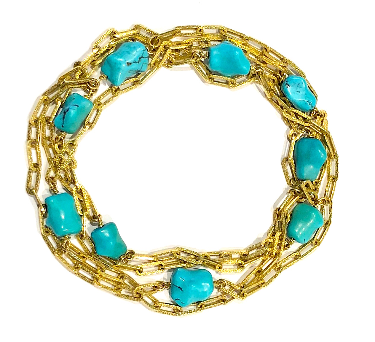 Italian long chain with 18k gold hammered links and set with 9 count gem quality naturally tumbled turquoise beads, marked: 20 (maker’s assigned number, VR for Verona, 750 for 18k gold, c. 1970’s