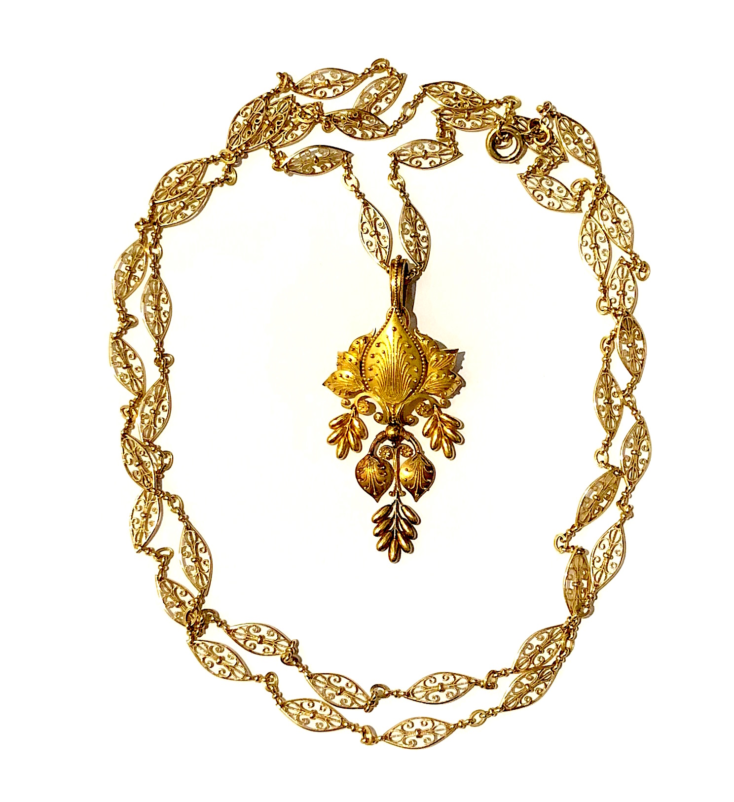 Eugene Fontenay (1823-1887) “Wisteria” brooch and fitted with original pendant attachment in 18k gold with extremely fine detailing, superb granulation and hanging pendant blossoms, marked: EF in a diamond poincon (the mark of Eugene Fontenay), French Eagle’s head touchmark for 18k gold (2x), c.1875