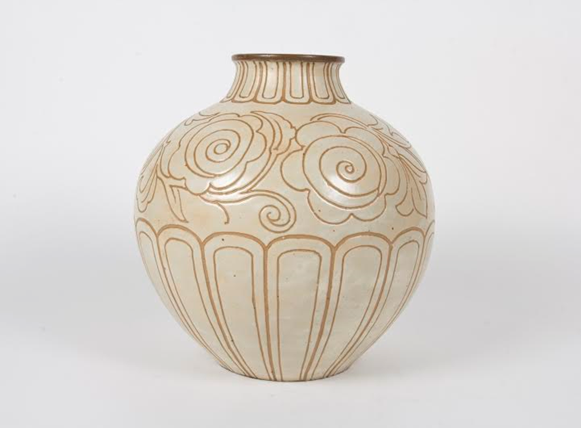 Georges Serré / Art Deco Warm ivory /sand colored glazed stoneware vase c. 1925