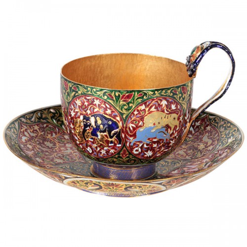 Jaipur Enameled and Gem Set Rare Solid Gold Cup and Saucer c. mid-19th Century