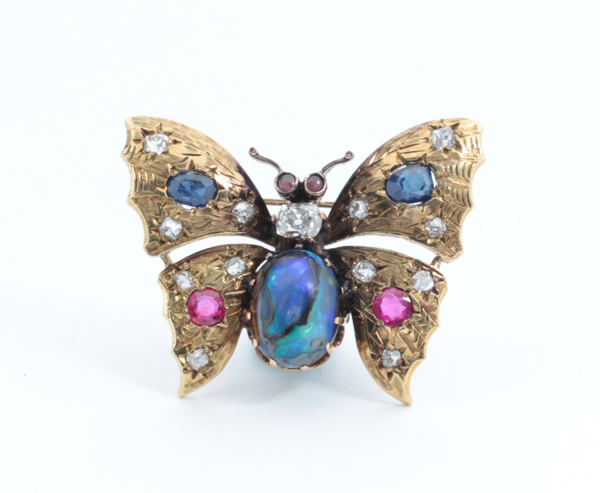 Art Nouveau Butterfly brooch, rubies, sapphires, diamonds and a large black opal all set in 18K gold, marks, c. 1900