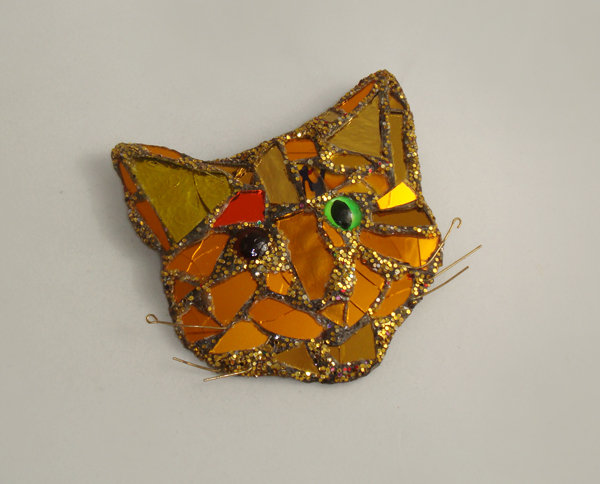Andrew Logan “Gold Cat” brooch, iridescent gold /orange mirror, sparkle dust, resin, signed c. 1990’s