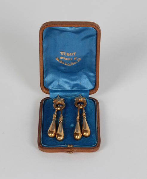 Tugot, Paris “Archaeological Revival” 18K gold pendant earrings, original leather box, c. 1880
