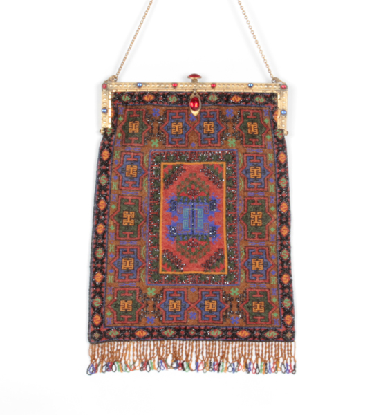 Oriental rug graphic micro beaded bag c. 1895