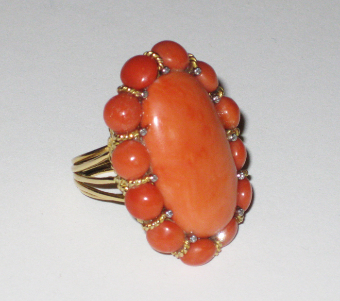 Italian “Retro” large cabochon coral ring set in 18K gold with diamond accents, marked, c. 1950