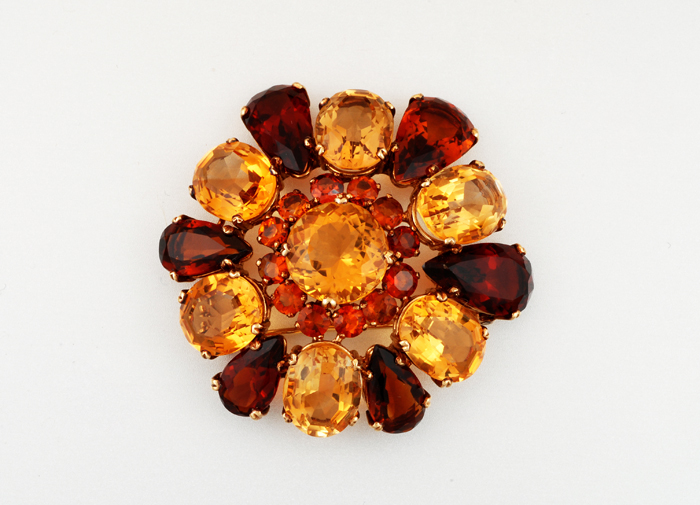 Italian “Flower blossom” brooch set with gold, orange and madeira citrines in 18K gold, marks, c. 1940