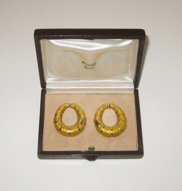 Bulgari Italy, Hidden clasp loop earrings, yellow enamel on 18K gold, original leather box, signed, c. 1970