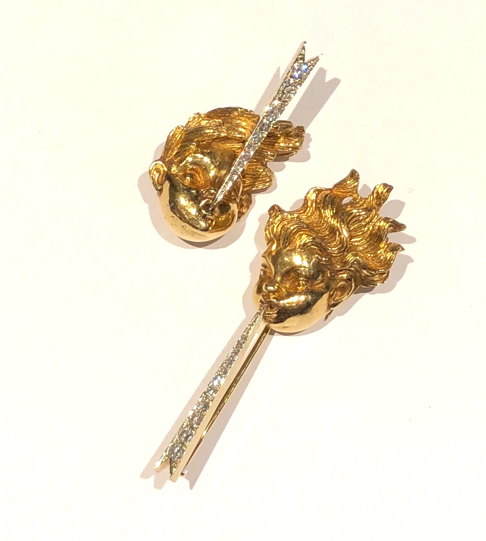 Enrico Serafini, Pair of “Water Sprites”, 18K Yellow and White gold set with 22 round diamonds, approx.2 ½ carats TW, Signed: E. Serafini, 750 (both signed), c. 1950’s