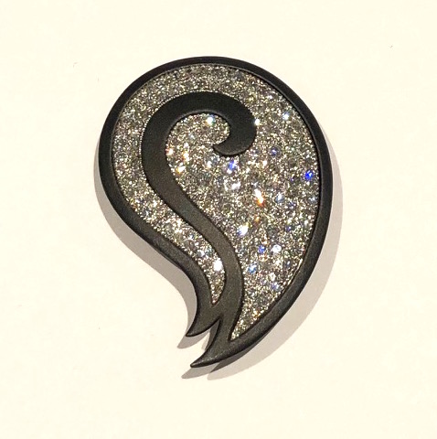 Marsh & Co. San Francisco, “Paisley” brooch with a blackened steel dramatic outline on an elaborate 18k gold frame and back in the shape of a paisley pave set with full cut round diamonds of (approx. 3.5-4 carats TW), c. 1950’s
